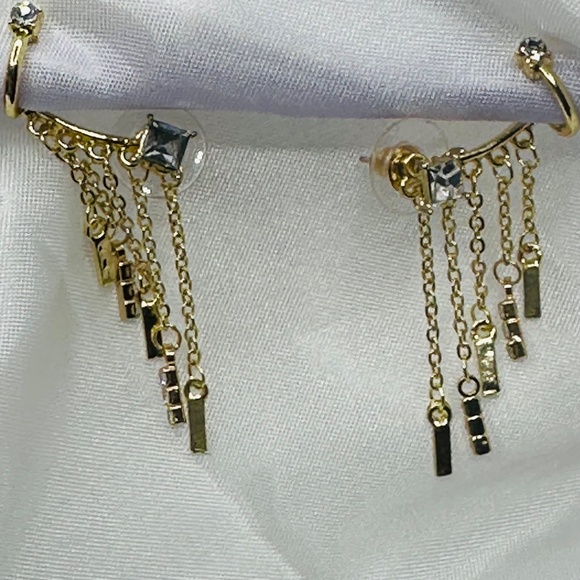 S 925 Dainty Crystal Bar Ear Cuff Earring Set, Short Dangle Pair - Picture 4 of 5